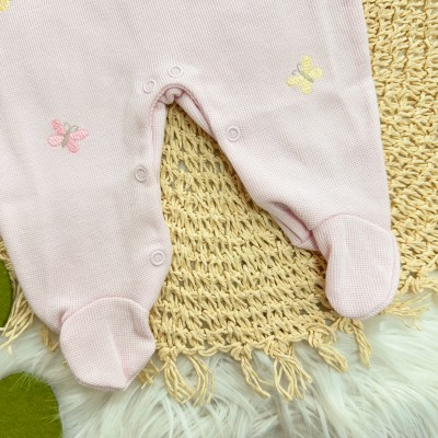 Macacão Tricotil (Tricot 100% Algodão) com Gola e Bordado - Rosa Bebê Borboletas